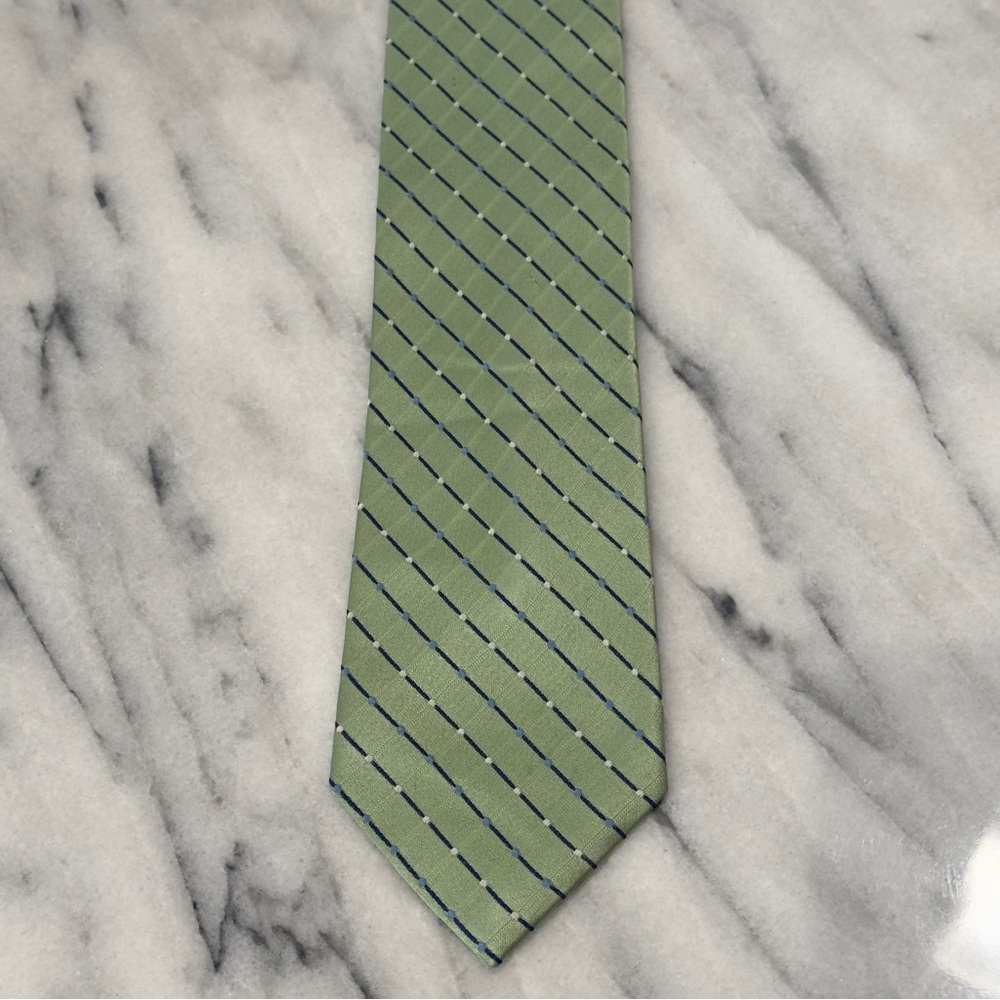 Geoffrey Beene Men's Necktie Tie Silk Green Blue Stripe White Blue Dots Woven